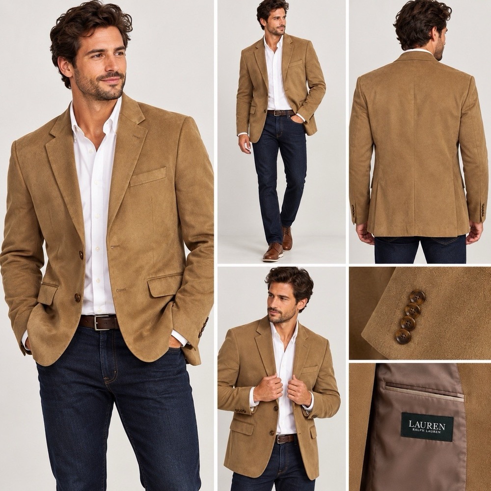 Lauren ralph lauren Men's Faux Suede Blazer Camel Tan 2 Button Sports Coat 42R